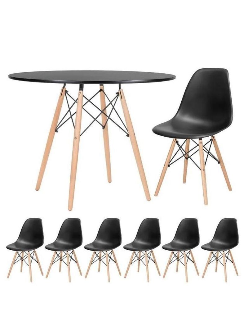 Conjunto De Mesa De Jantar Eames Eiffel Redonda 110cm Tampo De Madeira Preto Com 6 Cadeiras Pretas