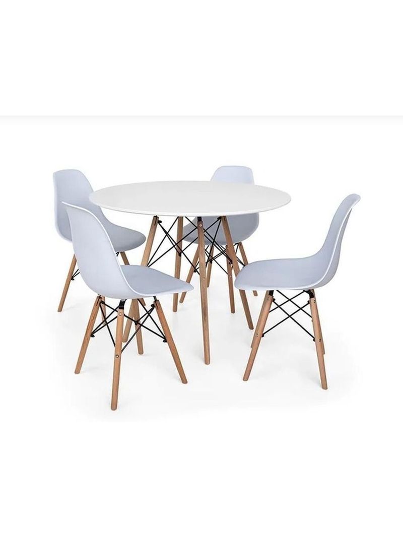 Conjunto De Mesa De Jantar Eames Eiffel Redonda 110cm Tampo De Madeira Branco Com 4 Cadeiras Brancas