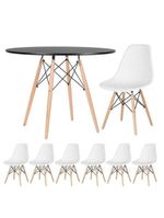Conjunto De Mesa De Jantar Eames Eiffel Redonda 120cm Tampo De Madeira Preto Com 6 Cadeiras Brancas