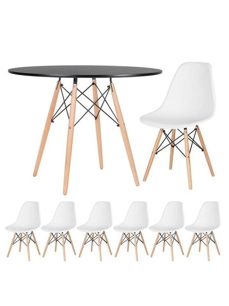 Conjunto De Mesa De Jantar Eames Eiffel Redonda 120cm Tampo De Madeira Preto Com 6 Cadeiras Brancas