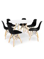 Conjunto De Mesa De Jantar Eames Eiffel Redonda 120cm Tampo De Madeira Branco Com 6 Cadeiras Pretas