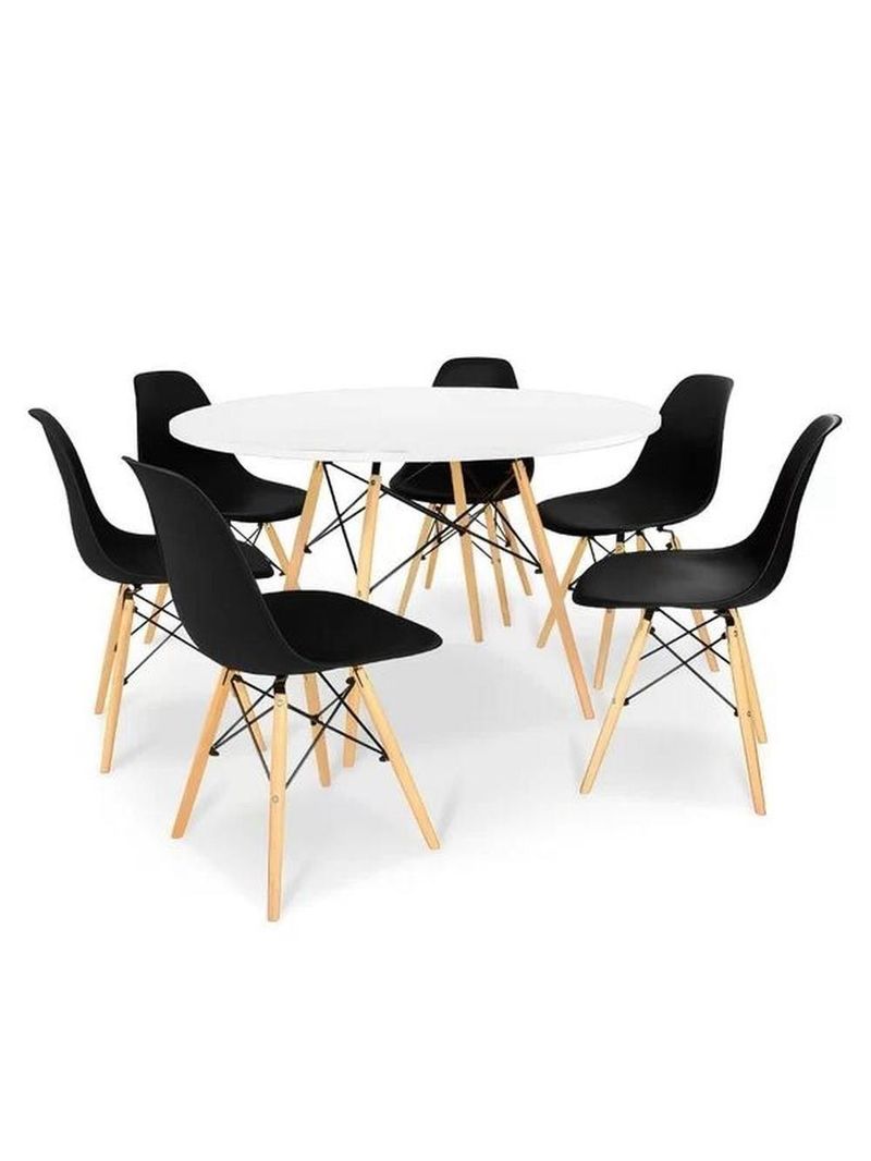 Conjunto De Mesa De Jantar Eames Eiffel Redonda 110cm Tampo De Madeira Branco Com 6 Cadeiras Pretas