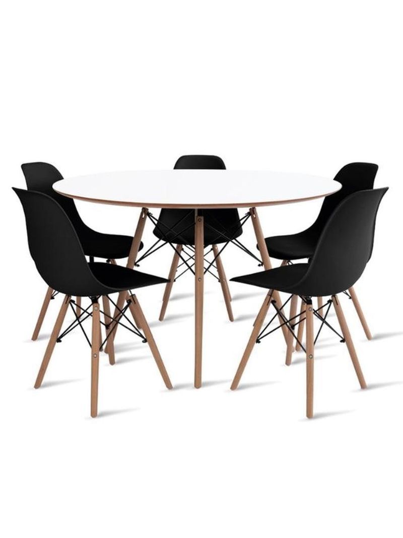 Conjunto De Mesa De Jantar Eames Eiffel Redonda 110cm Tampo De Madeira Branco Com 5 Cadeiras Pretas
