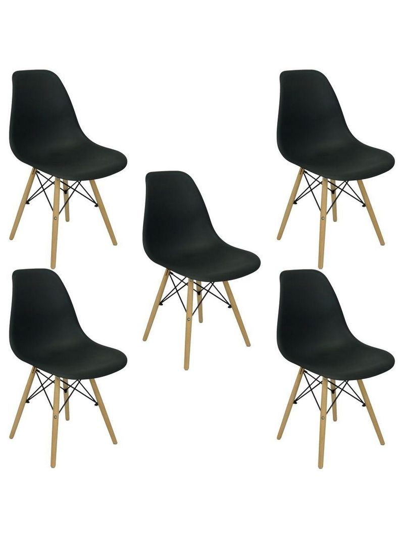 Conjunto De Mesa De Jantar Eames Eiffel Redonda 110cm Tampo De Madeira Branco Com 5 Cadeiras Pretas