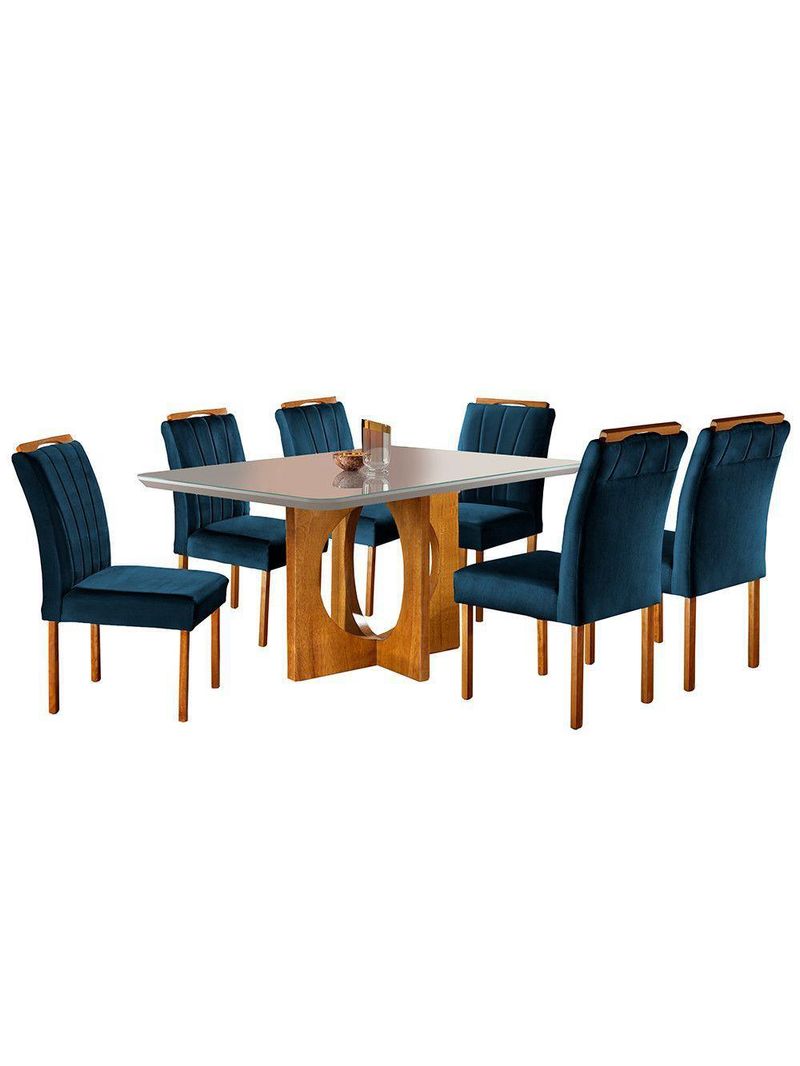 Conjunto Sala De Jantar 6 Lugares Mesa E 6 Cadeiras Azul Turquesa Escuro Mel/azul Turquesa Escuro