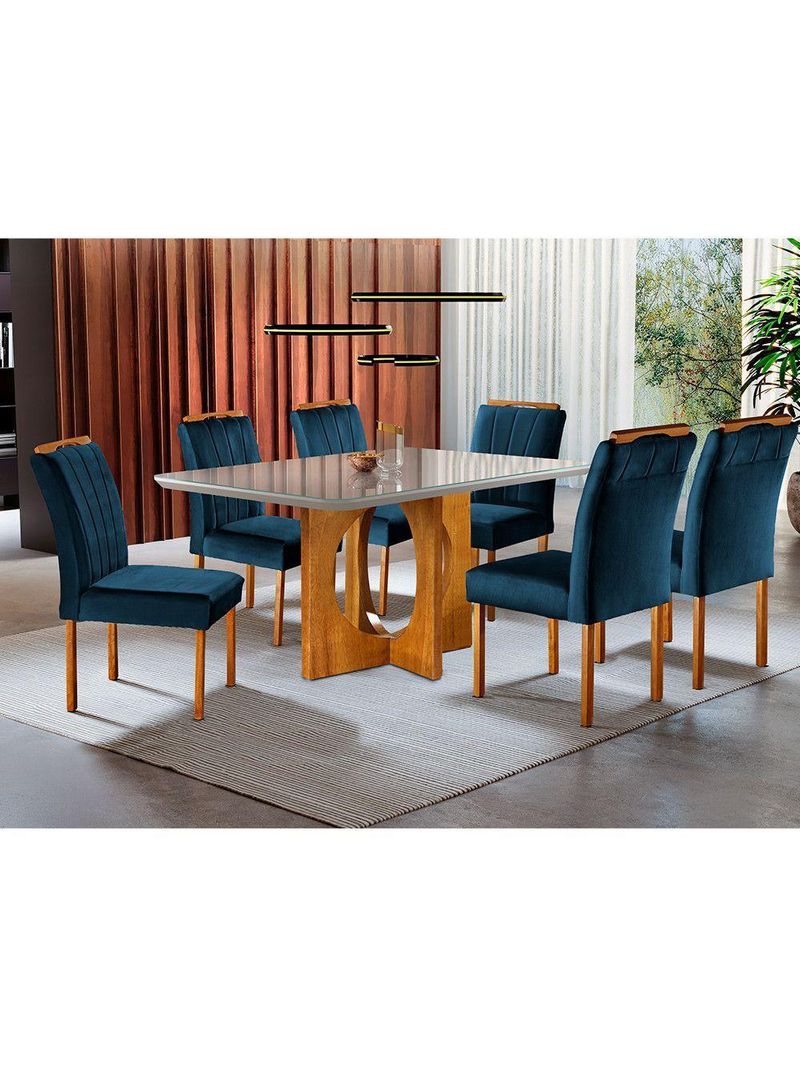 Conjunto Sala De Jantar 6 Lugares Mesa E 6 Cadeiras Azul Turquesa Escuro Mel/azul Turquesa Escuro