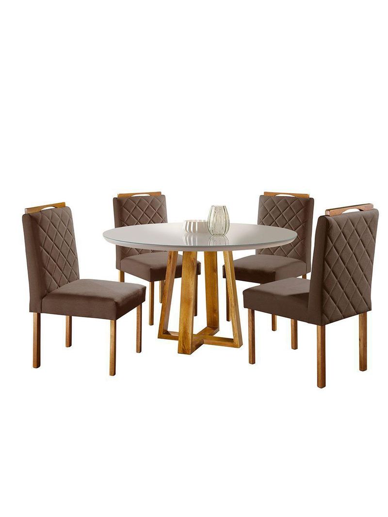 Mesa Redonda 1,0m e 4 Cadeiras Off-White Marrom Havana