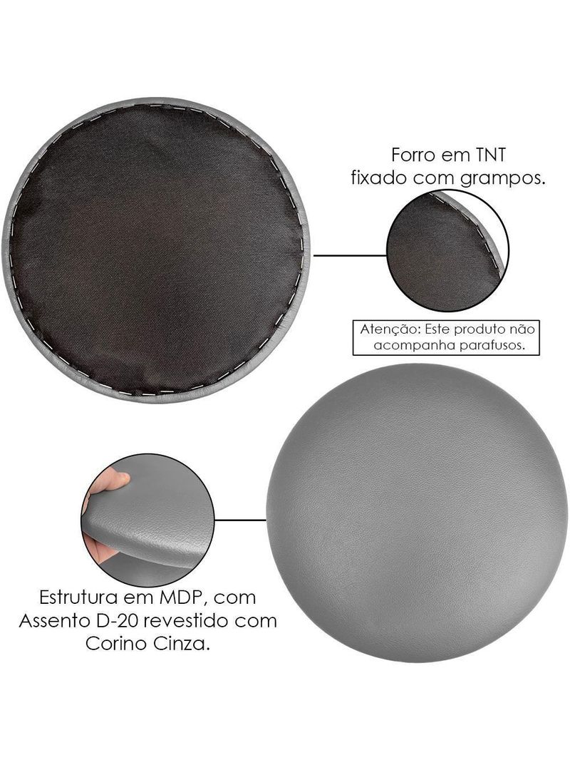 Kit 02 Assentos Redondo Banqueta Cadeira Estofados Poltronas H02 Corino Cinza 30 Cm - Lyam Decor