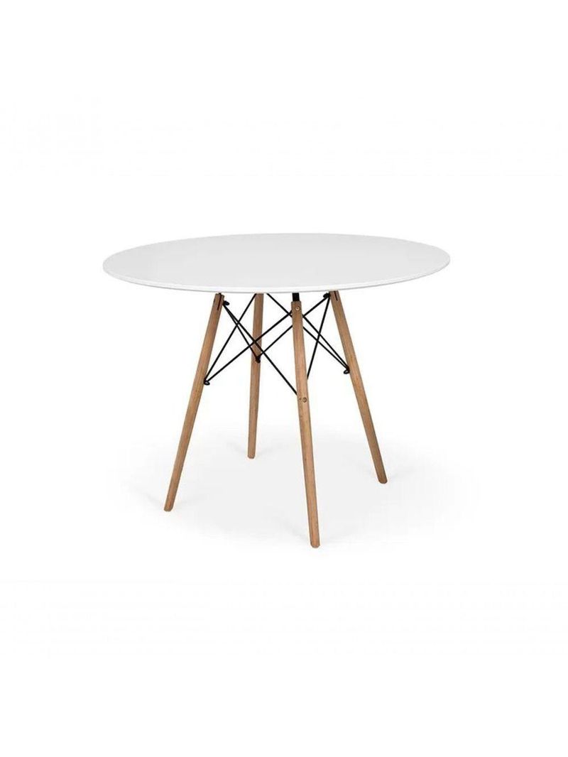 Conjunto Mesa De Jantar Eames Eiffel Redonda 110cm Tampo De Madeira Branco + 5 Cadeiras Brancas
