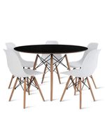 Conjunto De Mesa De Jantar Eames Eiffel Redonda 110cm Tampo De Madeira Preto Com 5 Cadeiras Brancas