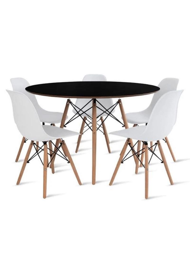 Conjunto De Mesa De Jantar Eames Eiffel Redonda 110cm Tampo De Madeira Preto Com 5 Cadeiras Brancas