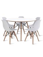 Conjunto Mesa De Jantar Eames Eiffel Redonda 110cm Tampo De Madeira Branco + 5 Cadeiras Brancas