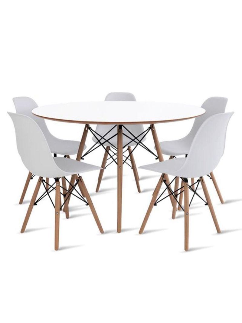 Conjunto Mesa De Jantar Eames Eiffel Redonda 110cm Tampo De Madeira Branco + 5 Cadeiras Brancas