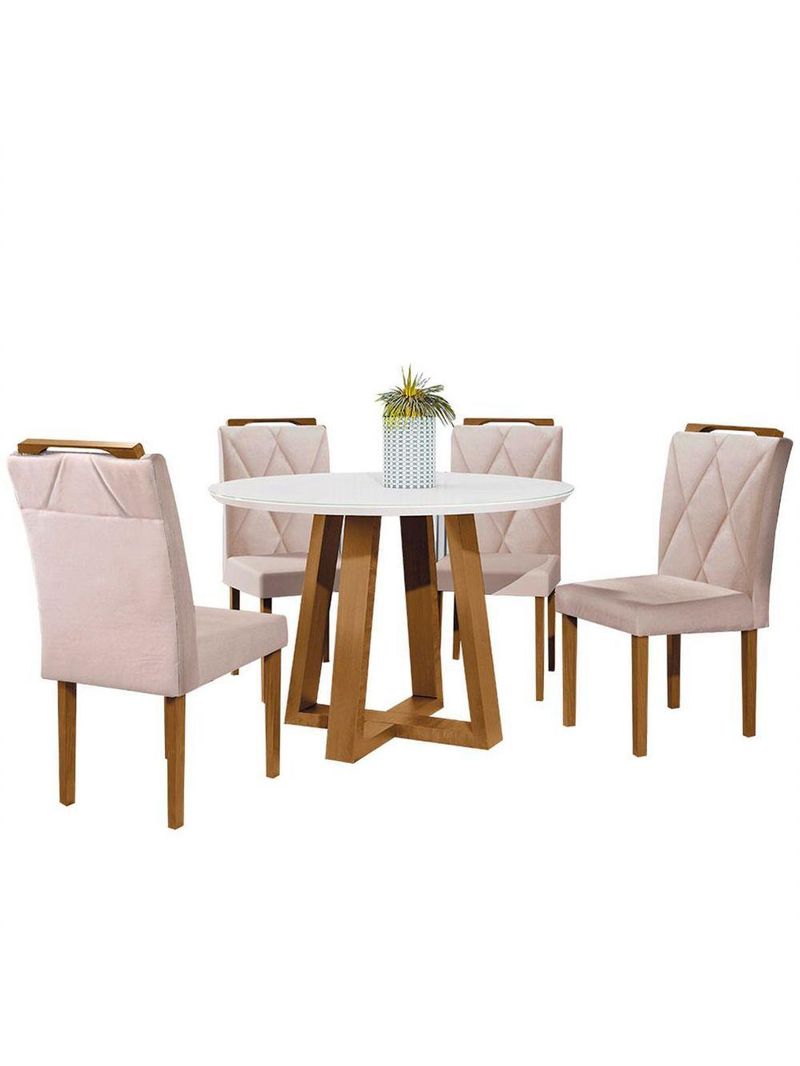Conjunto Sala De Jantar Napole Mesa Redonda 1,2m E 4 Cadeiras - Móveis Mix Off White E Nude