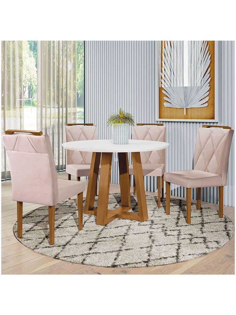 Conjunto Sala De Jantar Napole Mesa Redonda 1,2m E 4 Cadeiras - Móveis Mix Off White E Nude