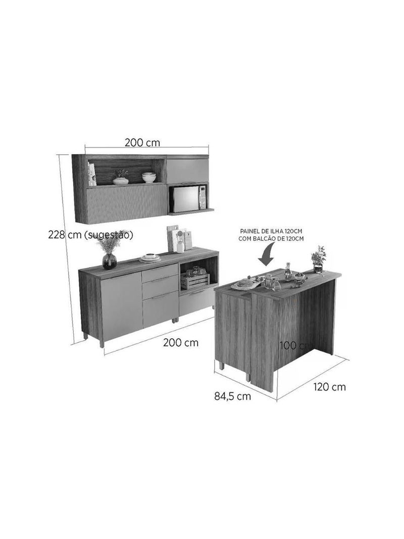 Kit Cozinha Modulada 6 Peças Marquesa 2aéreos+3balcões+1ilha C6p02 Nature Verde