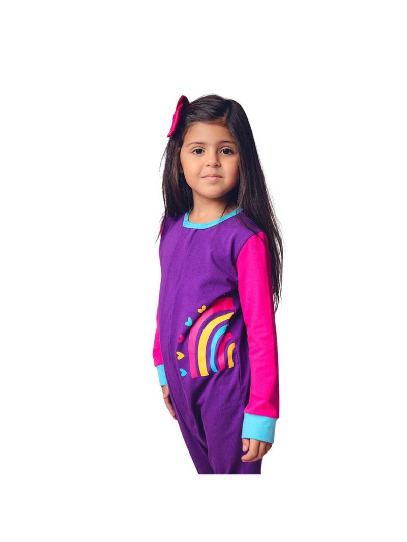 Macacão magnético roxo, detalhes pink e azul anil com estampa arco-íris - 24 meses (2 a 3 anos)