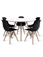 Conjunto De Mesa De Jantar Eames Eiffel Redonda 120cm Tampo De Madeira Branco Com 5 Cadeiras Pretas