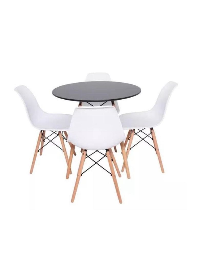 Conjunto De Mesa De Jantar Eames Eiffel Redonda 110cm Tampo De Madeira Preto Com 4 Cadeiras Brancas