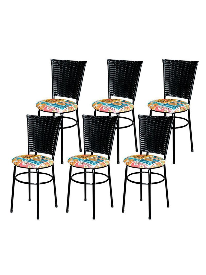 6 Cadeiras Para Mesa Preta Hawai Preto Assento Floral Happy Hour
