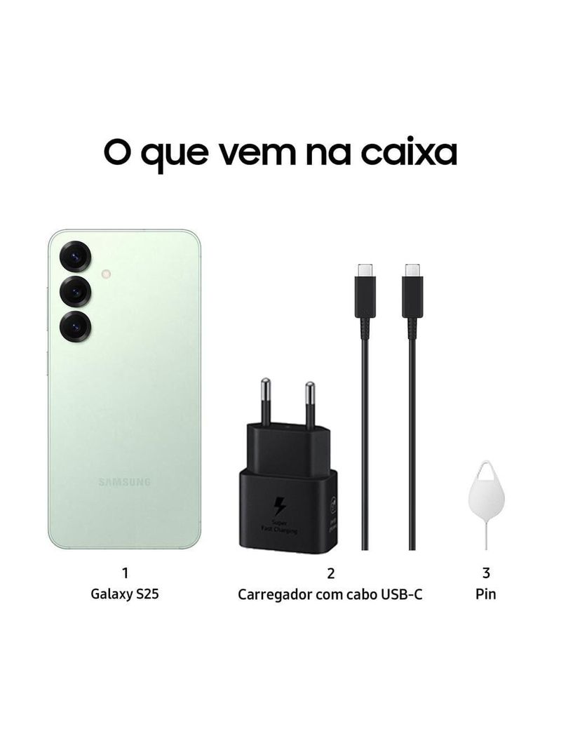 Smartphone samsung galaxy s25 5g verde 256gb, tela de 62", 12gb ram, ai inteligência artificial, ip68, processador snapdragon 8 elite e câmera tripla