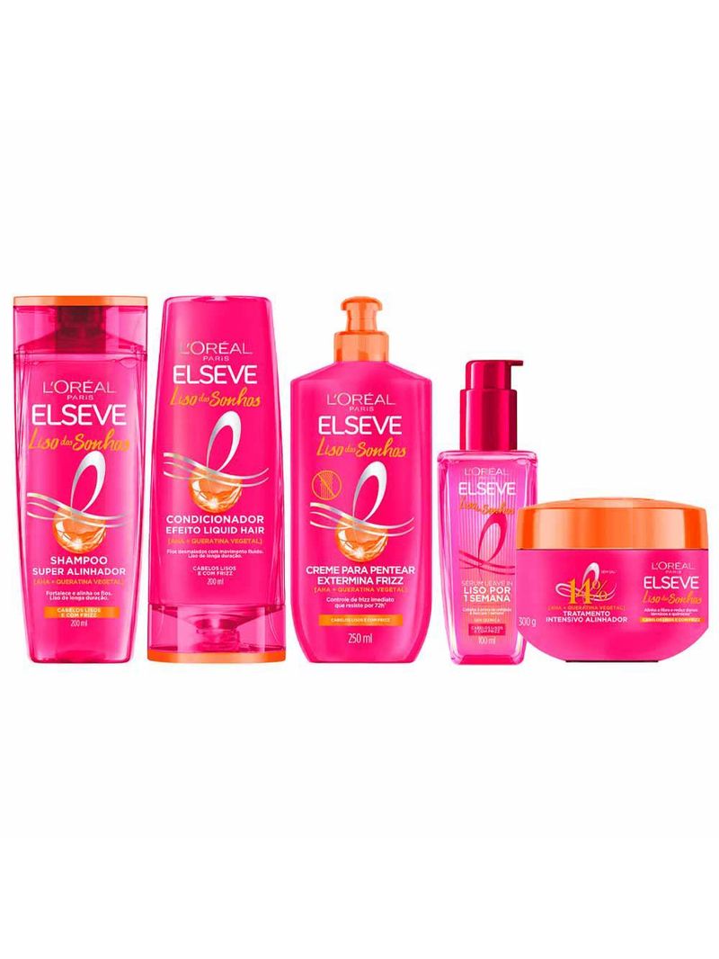 Elseve liso dos sonhos kit - condicionador + shampoo + máscara capilar + creme para pentear + sérum leave-in
