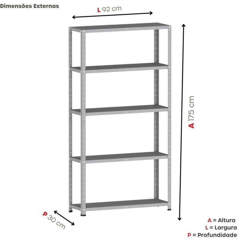 Estante De Estrutura Metálica Com 5 Prateleiras 175cm(a)92acm(l)30cm(p) Sem Reforço Cinza