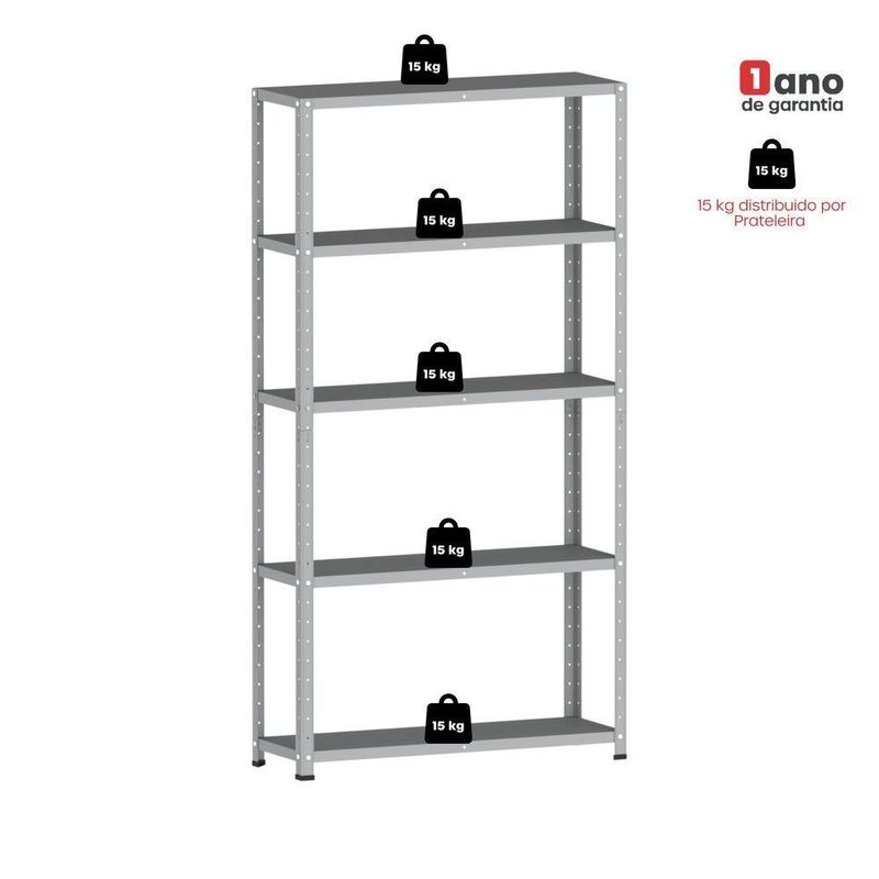 Estante De Estrutura Metálica Com 5 Prateleiras 175cm(a)92acm(l)30cm(p) Sem Reforço Cinza