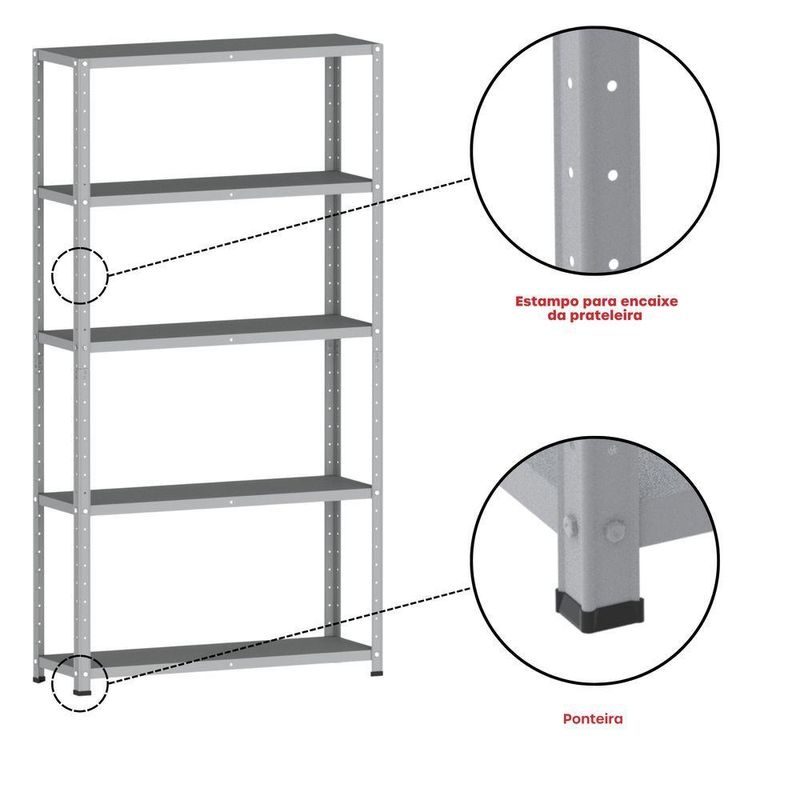 Estante De Estrutura Metálica Com 5 Prateleiras 175cm(a)92acm(l)30cm(p) Sem Reforço Cinza