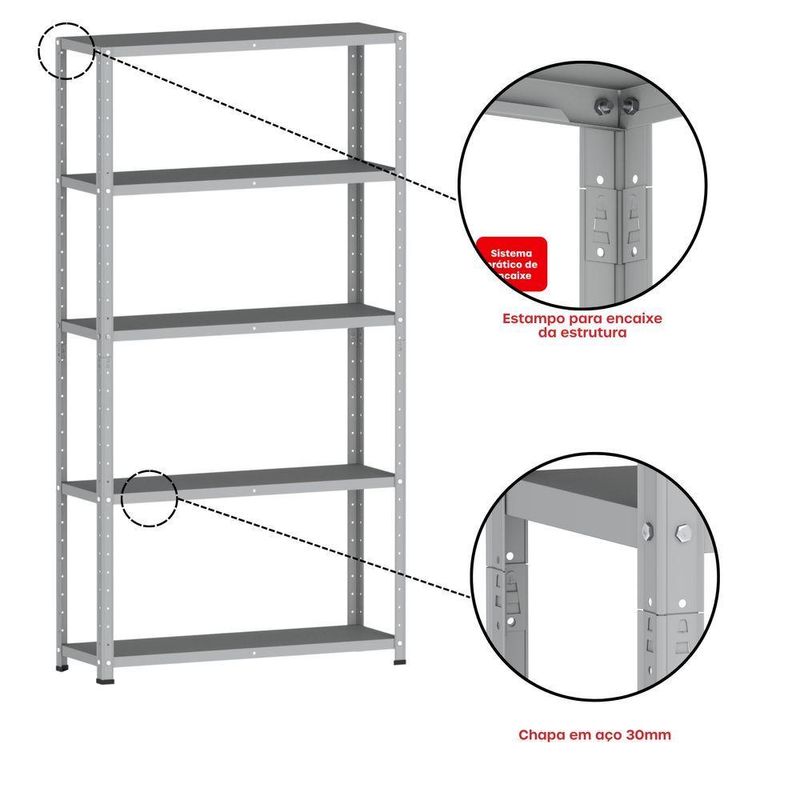 Estante De Estrutura Metálica Com 5 Prateleiras 175cm(a)92acm(l)30cm(p) Sem Reforço Cinza