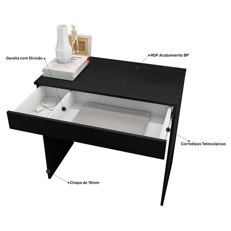 Escrivaninha Retangular Loft Minimalista 1 Gaveta MDF 80CM Preto