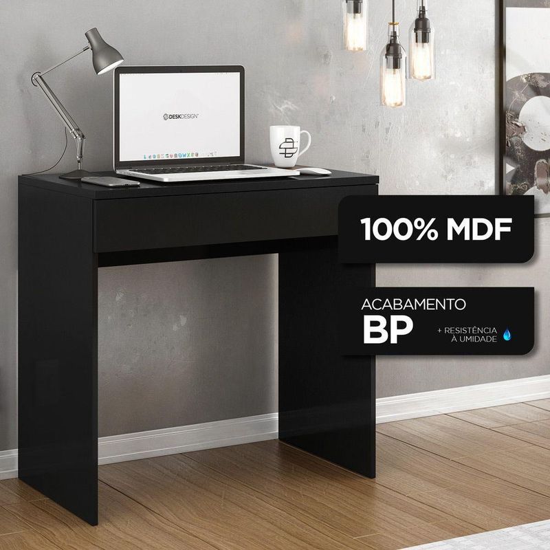 Escrivaninha Retangular Loft Minimalista 1 Gaveta MDF 80CM Preto