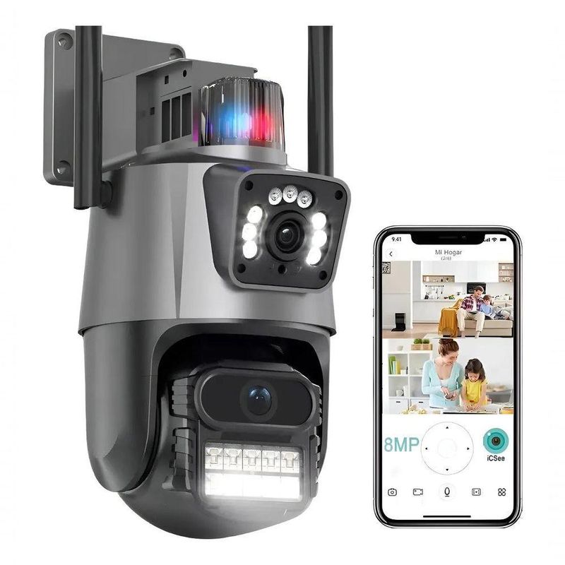 Kit Câmera de Segurança Wi-Fi P11 IP 4K 8MP com Sirene Policial para Ambiente Interno Externo Cinza