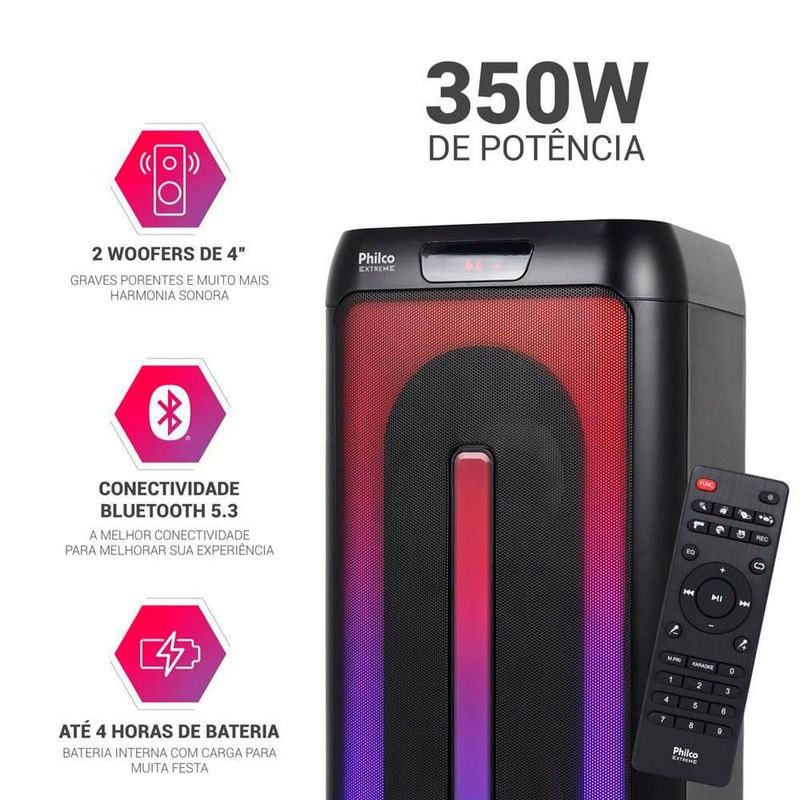 Caixa de som amplificada philco pcx4501 com bluetooth, entrada usb e flash light - 350w