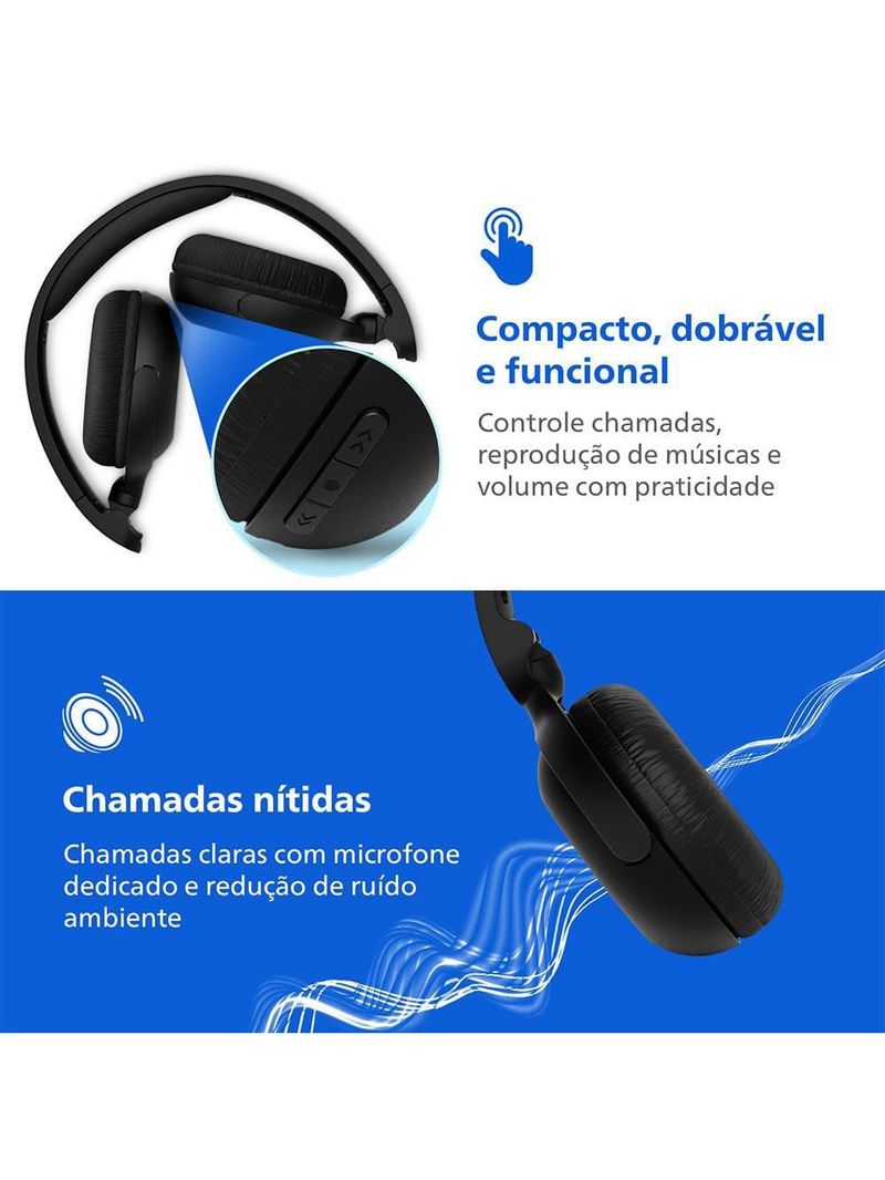 Fone de ouvido philips tah2209bk/00 headphone bluetooth 25h bateria dobrável preto