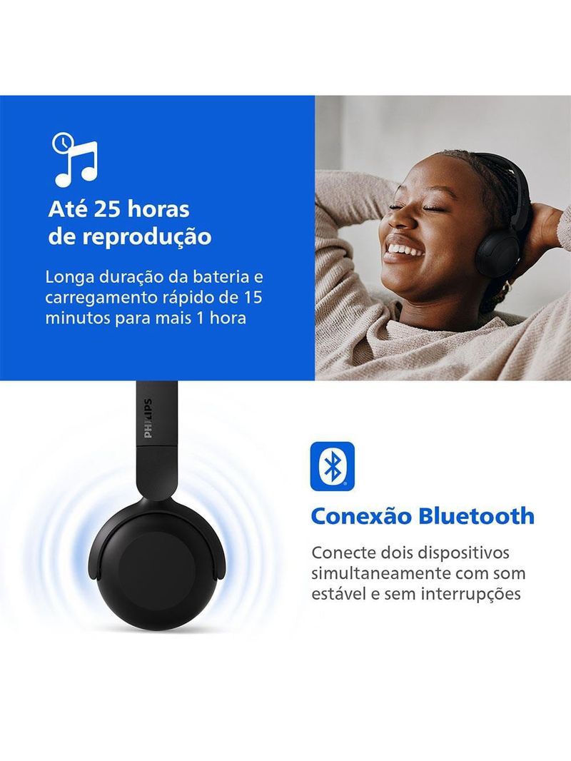 Fone de ouvido philips tah2209bk/00 headphone bluetooth 25h bateria dobrável preto