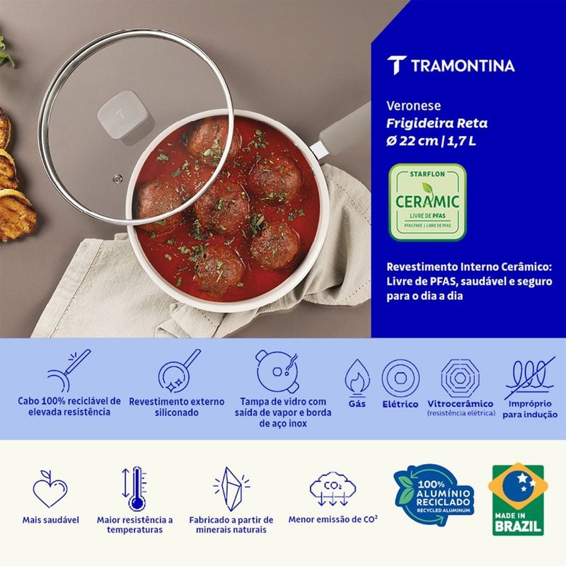 Frigideira Reta Tramontina Veronese Alumínio e Cerâmica Bege com Tampa 22cm 1,7 L