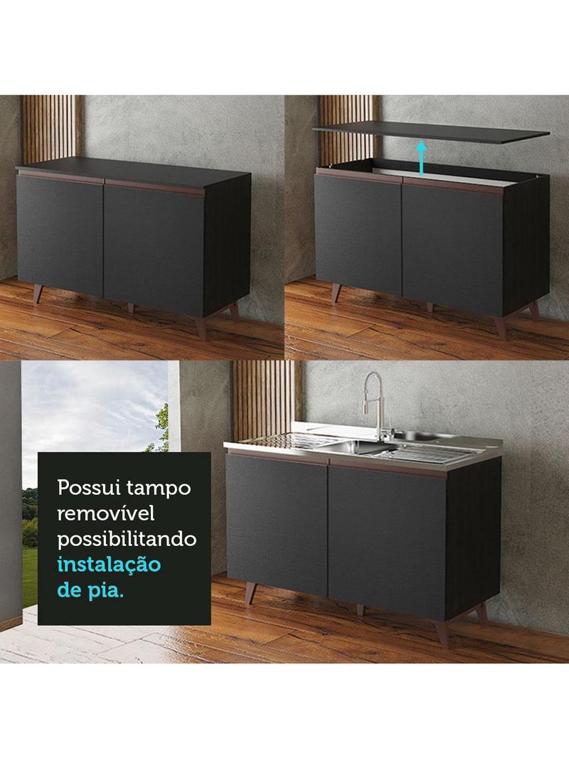 Balcão armário de cozinha de pia 2 portas preto reims madesa