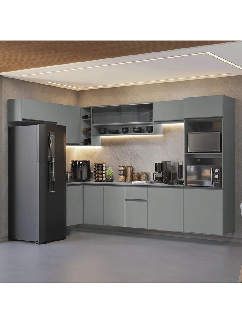 Armário de cozinha completa de canto suspenso 465cm cinza nice madesa 03