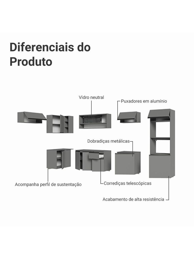 Armário de cozinha completa de canto suspenso 465cm cinza nice madesa 03