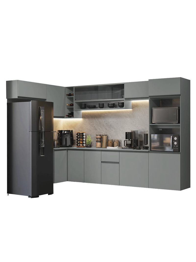Armário de cozinha completa de canto suspenso 465cm cinza nice madesa 03