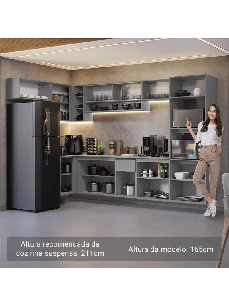 Armário de cozinha completa de canto suspenso 465cm cinza nice madesa 03