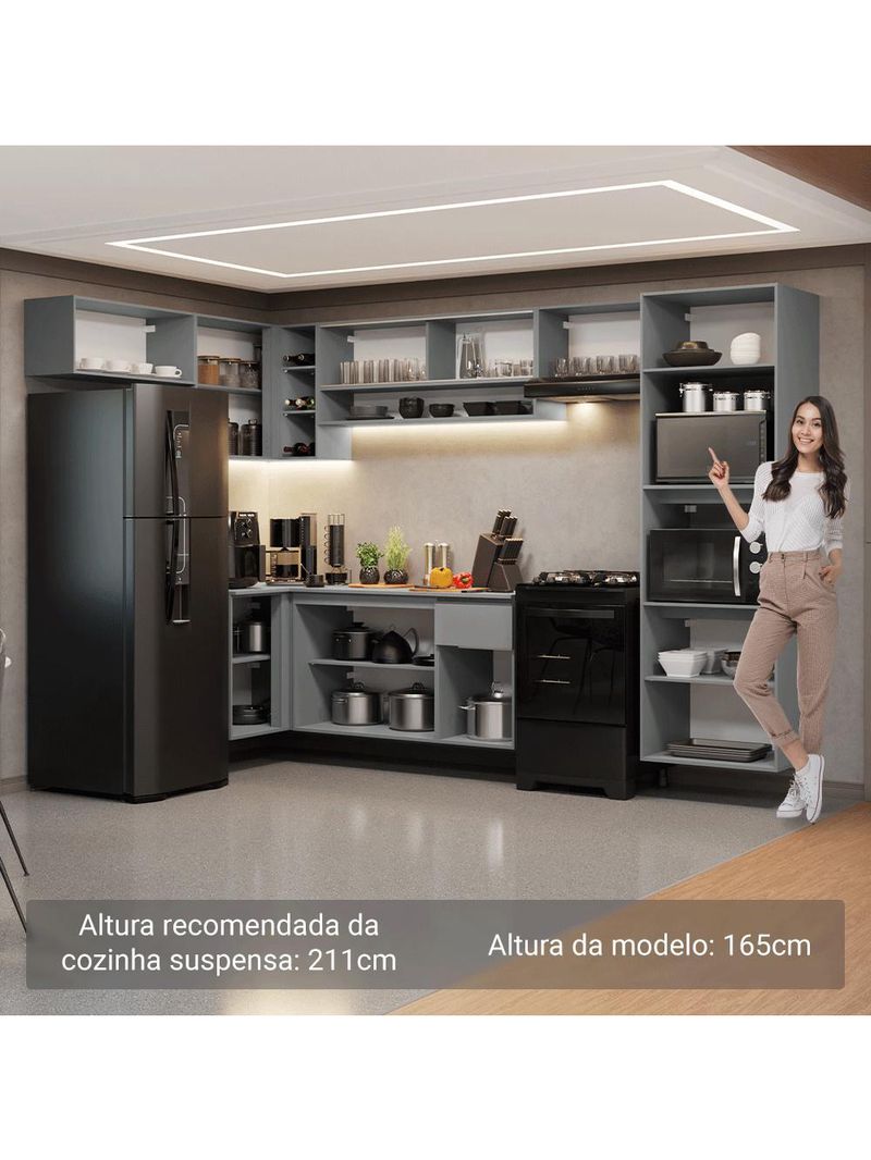 Armário de cozinha completa de canto suspenso 465cm cinza nice madesa 07