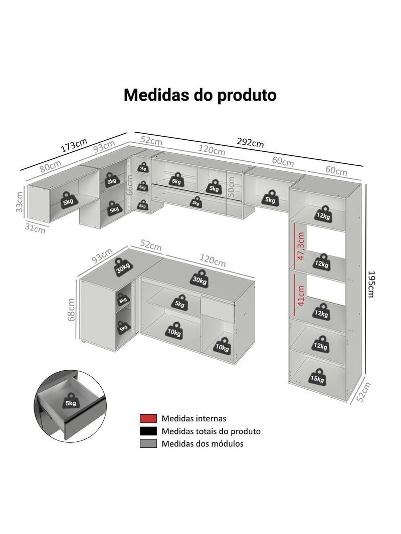 Armário de cozinha completa de canto suspenso 465cm cinza nice madesa 07