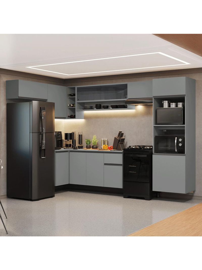 Armário de cozinha completa de canto suspenso 465cm cinza nice madesa 07