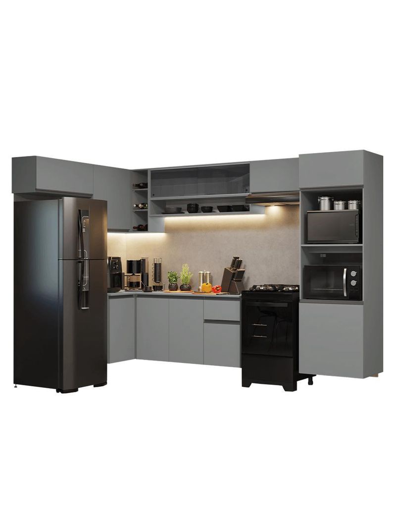Armário de cozinha completa de canto suspenso 465cm cinza nice madesa 07