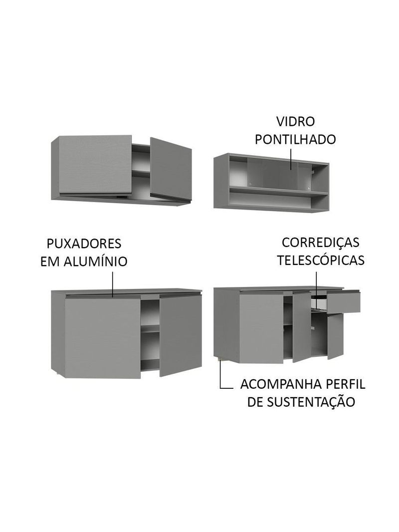 Armário de cozinha completa suspenso 240cm cinza nice madesa 04
