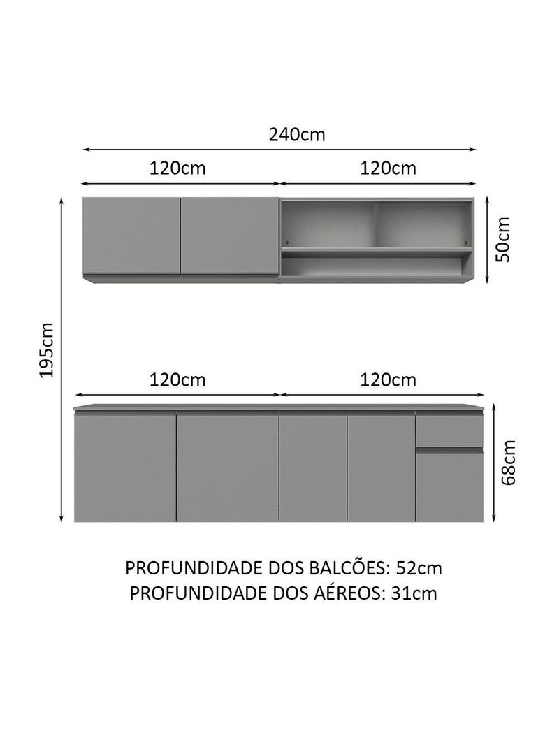 Armário de cozinha completa suspenso 240cm cinza nice madesa 04