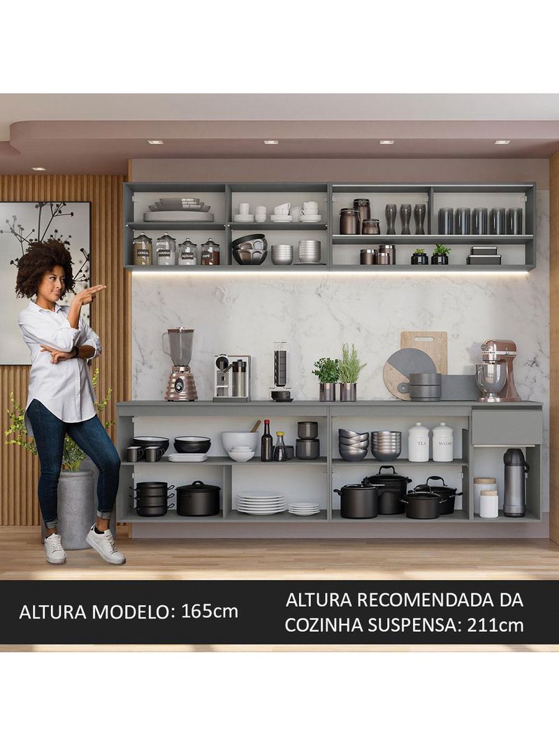 Armário de cozinha completa suspenso 240cm cinza nice madesa 04
