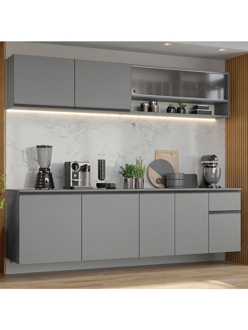 Armário de cozinha completa suspenso 240cm cinza nice madesa 04